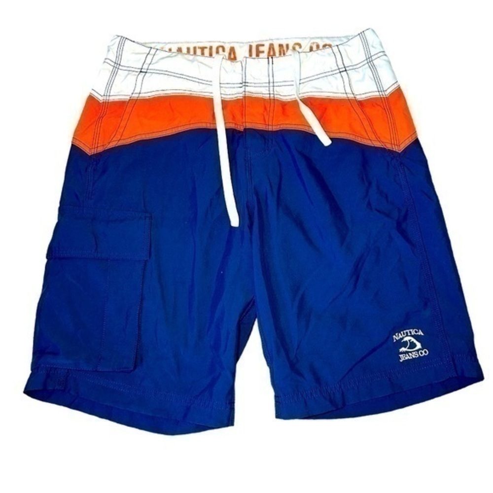 NAUTICA JEANS CO. MENS ORANGE BLUE WHITE SWIM TRUNKS SHORTS, 32W